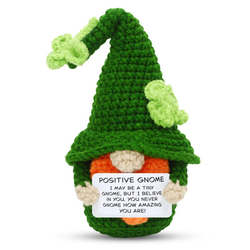 JULEASEL Positive Gnome Crochet Doll Handmade Knitted Doll with Positive Card Lucky Encouragement Gift for Friends Coworkers Irish Holiday Desk Decor St Patricks Day - Image 3