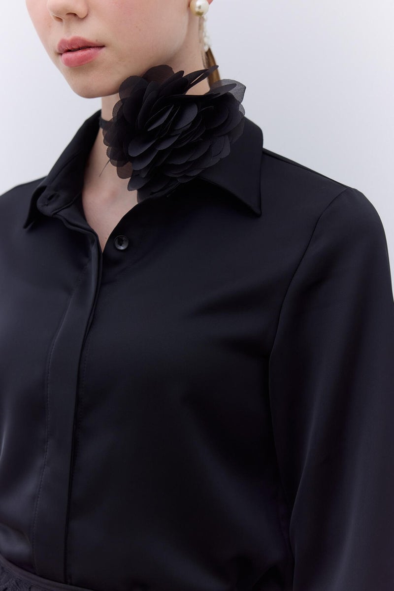 Manuka Satin Fitted Shirt Black  - Image 4