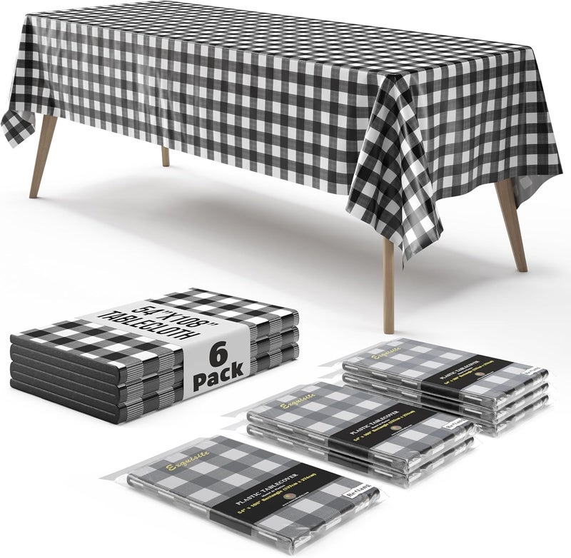 Exquisite Picnic Table Cover - 6 Pack Premium Rectangle Plastic Tablecloth - Black & White Checkered BBQ Plastic Table Cover - Gingham Checkerboard Disposable Plastic Tablecloth 54" x 108" Rectangle - Image 1