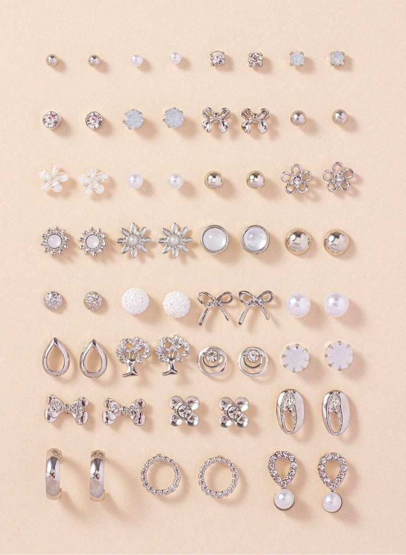 36-Pair Stud Earrings Set for Women and Girls – Elegant and Casual Designs in Silver and Pearl Styles – Perfect for Daily Wear and Gifting - Image 1