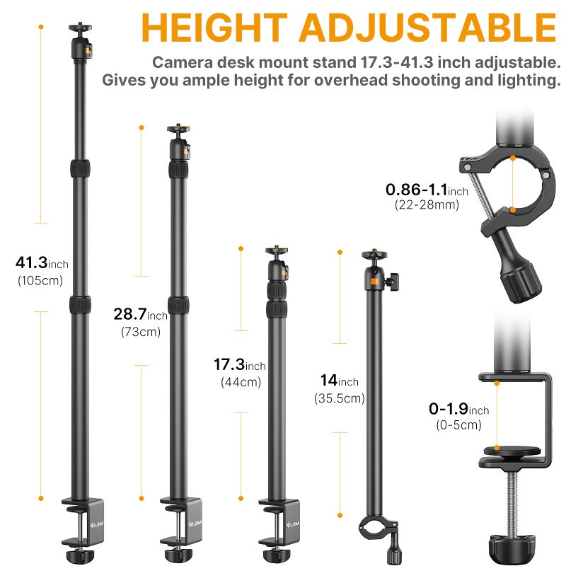 jusmo Camera Desk Mount with Auxiliary Holding Arm, Overhead Camera Mount with 360° Ballhead and Phone Grip, Table C-Clamp Multi Mount Stand for DSLR, Phone, Light, Webcam and More - Image 3