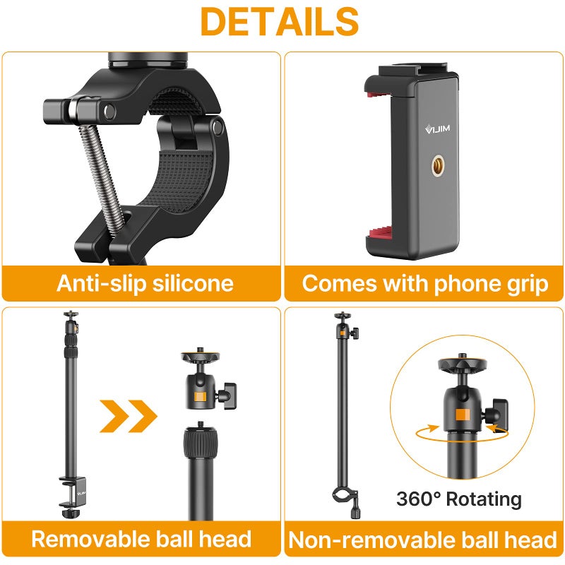 jusmo Camera Desk Mount with Auxiliary Holding Arm, Overhead Camera Mount with 360° Ballhead and Phone Grip, Table C-Clamp Multi Mount Stand for DSLR, Phone, Light, Webcam and More - Image 5