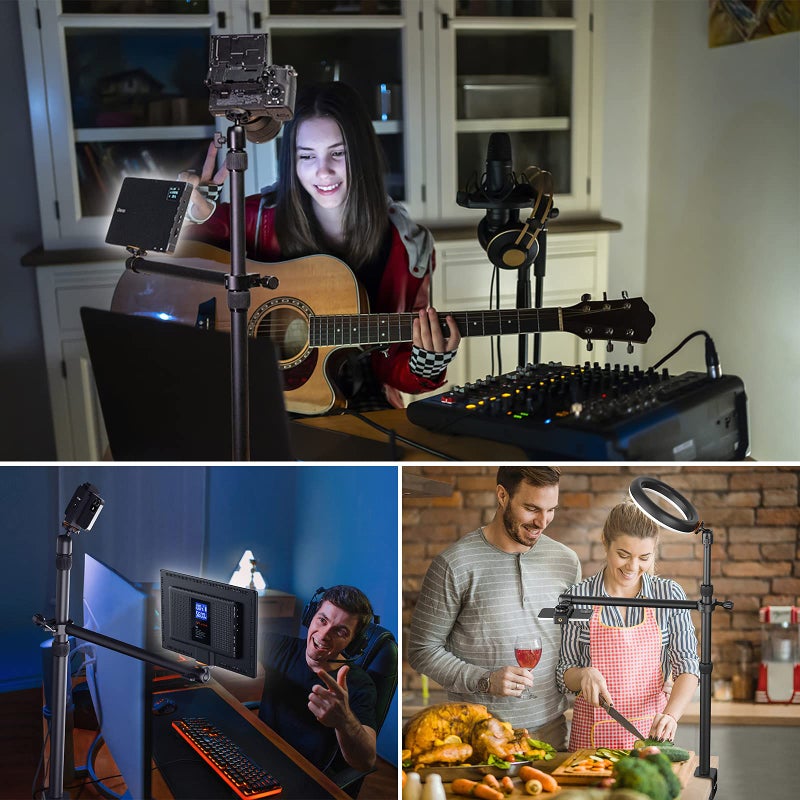 jusmo Camera Desk Mount with Auxiliary Holding Arm, Overhead Camera Mount with 360° Ballhead and Phone Grip, Table C-Clamp Multi Mount Stand for DSLR, Phone, Light, Webcam and More - Image 2