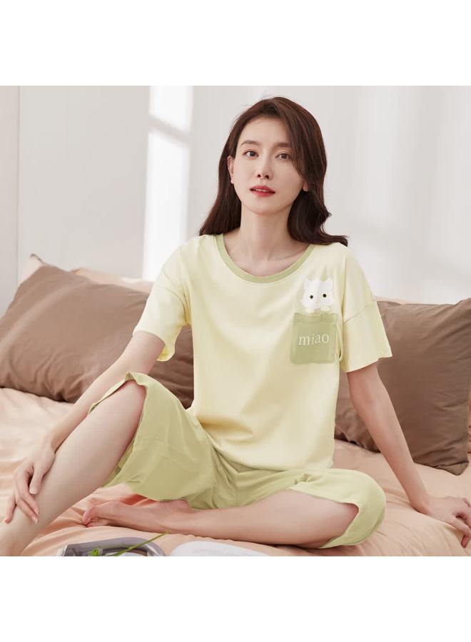 Top melon Dingguagua Dingguagua Women's Pure Cotton Spring Summer Short Sleeve Couple Wearable Homewear Set Narcissus Yellow 165 - Image 1