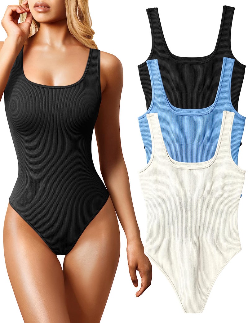OQQ Womens 3 Piece Bodysuits Sexy Ribbed Sleeveless Square Neck Tank Tops Leotard 2025 Trendy Outfits Black Candyblue Beige