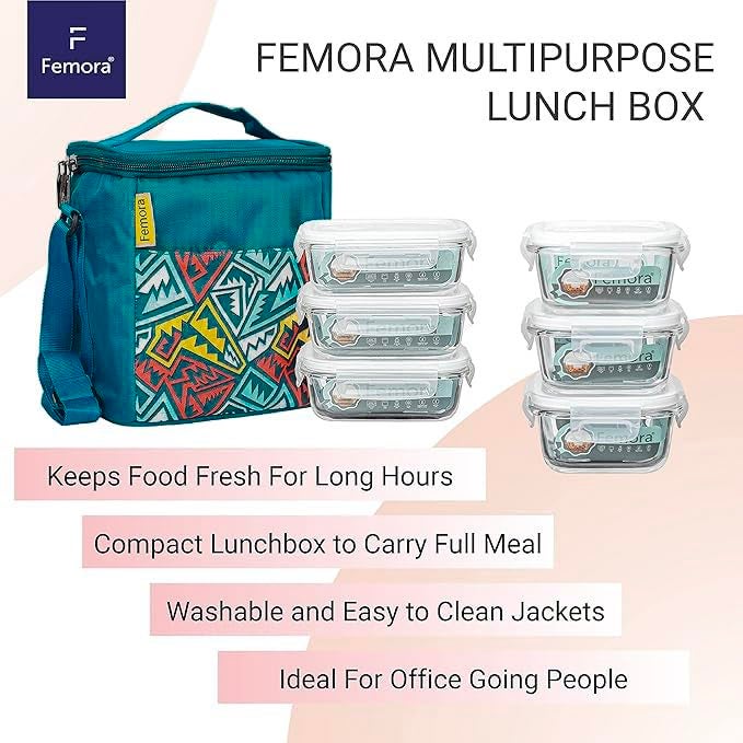 Femora Glass Lunch Box with Bag Set of 3 Containers (Square- 300 ML, Rectangular- 620 ML) Clear, Microwavable Borosilicate Glaas, Ideal for College, Travel Office, Blue - Image 3