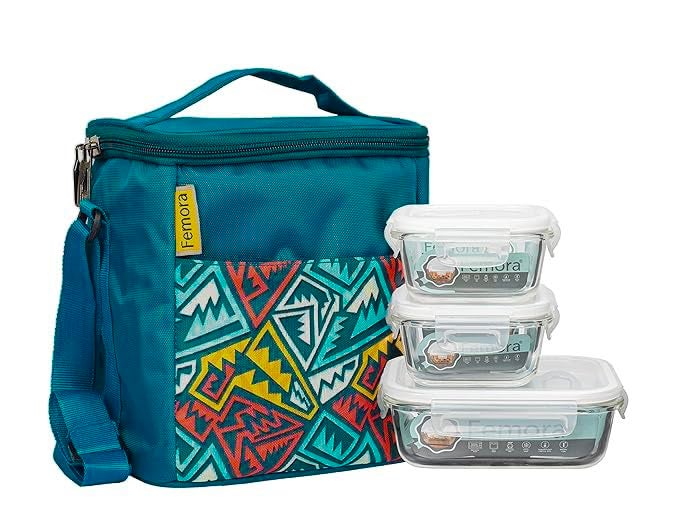 Femora Glass Lunch Box with Bag Set of 3 Containers (Square- 300 ML, Rectangular- 620 ML) Clear, Microwavable Borosilicate Glaas, Ideal for College, Travel Office, Blue - Image 1