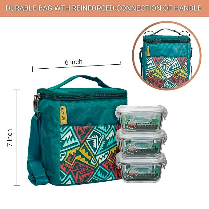 Femora Glass Lunch Box with Bag Set of 3 Containers (Square- 300 ML, Rectangular- 620 ML) Clear, Microwavable Borosilicate Glaas, Ideal for College, Travel Office, Blue - Image 5