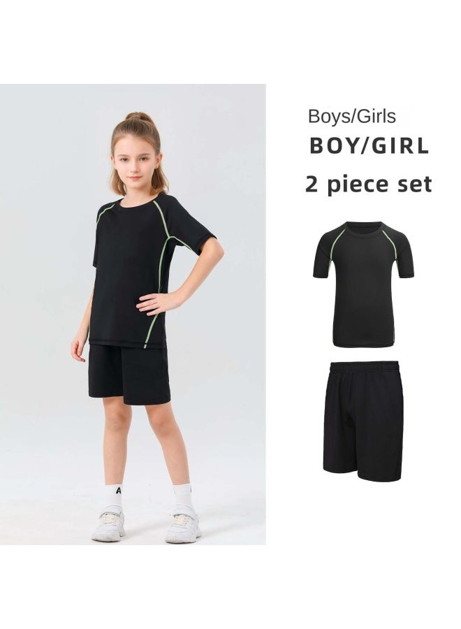 Children's Black Short-Sleeve Quick-Dry 2-Piece Sports Fitness Set