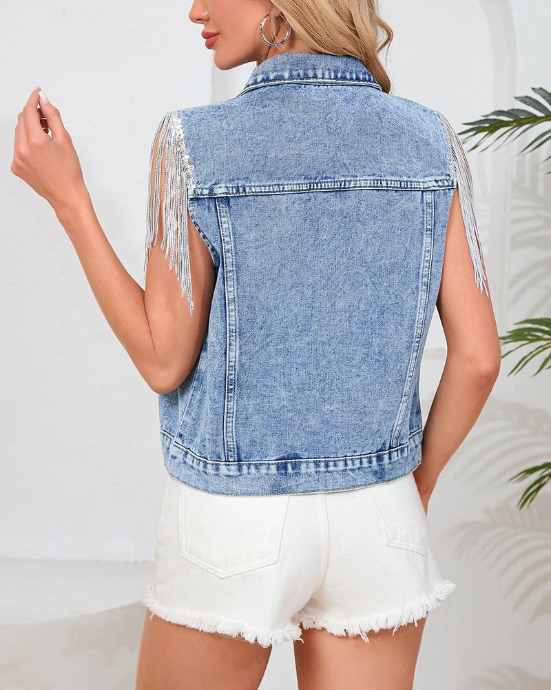 YEXPINE Women's Pearls Beading Denim Vest Sleeveless Sequin Fringe Jean Vest Western Cowgirl Outfit Tops - Image 4