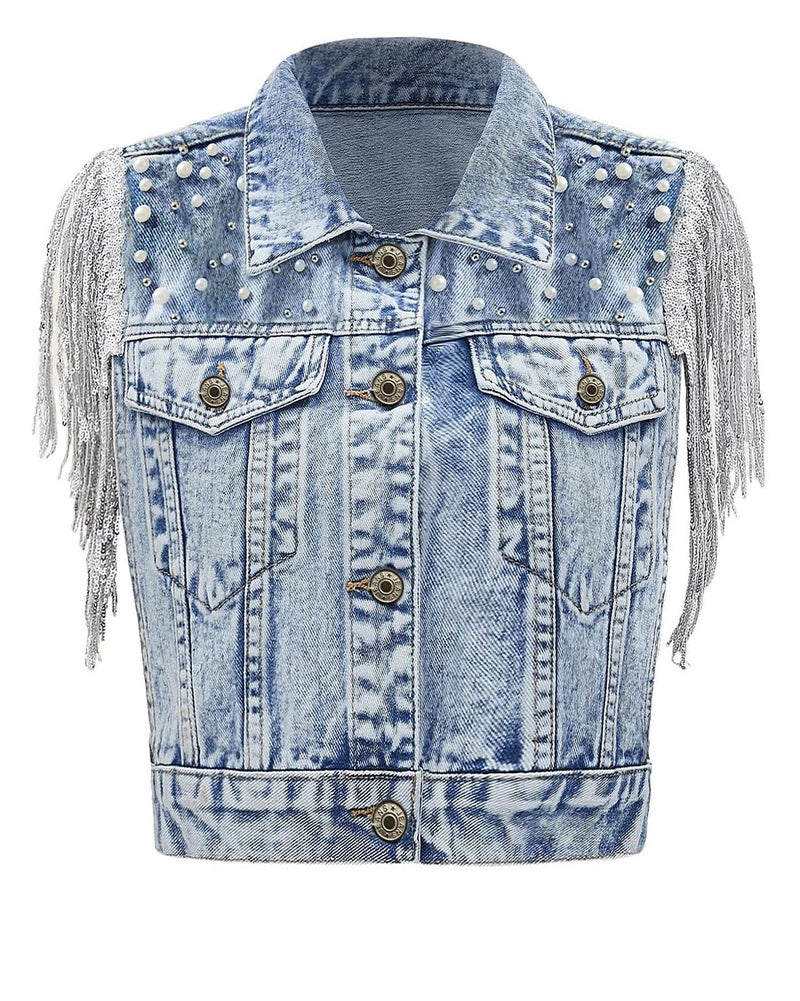 YEXPINE Women's Pearls Beading Denim Vest Sleeveless Sequin Fringe Jean Vest Western Cowgirl Outfit Tops - Image 1