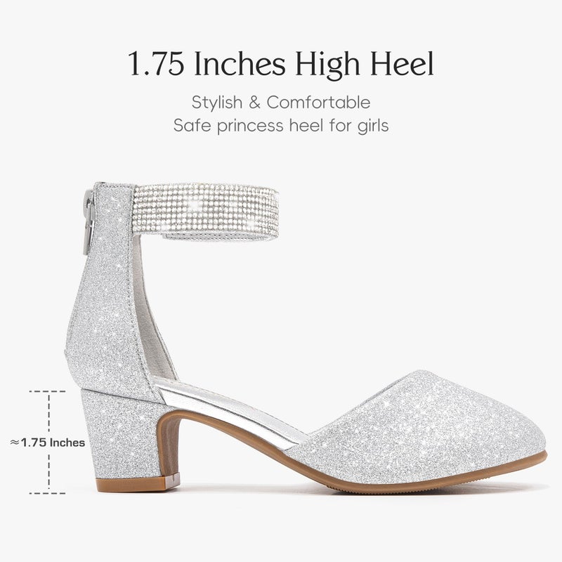 LAURMOSA Girls Dress Shoes Size 3 Flower Girl Silver Shoes for Girls High Heels for Kids Silver Rhinestone Heels Sparkly Closed Toe Ankle Strap Chunky Pumps Big Kids Wedding Party (L1053ShSilver 3) - Image 5
