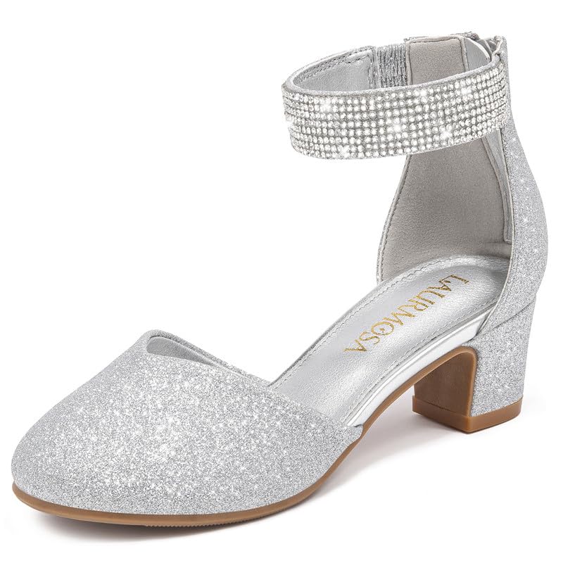 LAURMOSA Girls Dress Shoes Size 3 Flower Girl Silver Shoes for Girls High Heels for Kids Silver Rhinestone Heels Sparkly Closed Toe Ankle Strap Chunky Pumps Big Kids Wedding Party (L1053ShSilver 3) - Image 1