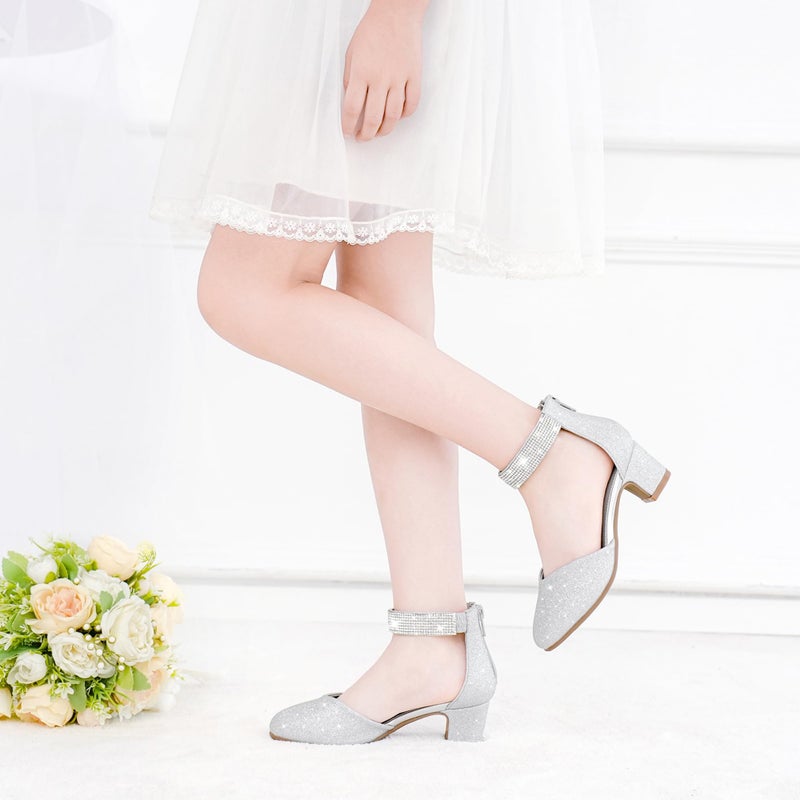 LAURMOSA Girls Dress Shoes Size 3 Flower Girl Silver Shoes for Girls High Heels for Kids Silver Rhinestone Heels Sparkly Closed Toe Ankle Strap Chunky Pumps Big Kids Wedding Party (L1053ShSilver 3) - Image 2