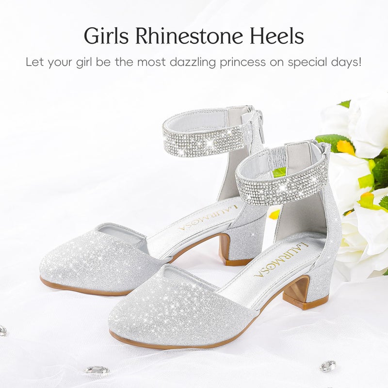 LAURMOSA Girls Dress Shoes Size 3 Flower Girl Silver Shoes for Girls High Heels for Kids Silver Rhinestone Heels Sparkly Closed Toe Ankle Strap Chunky Pumps Big Kids Wedding Party (L1053ShSilver 3) - Image 4