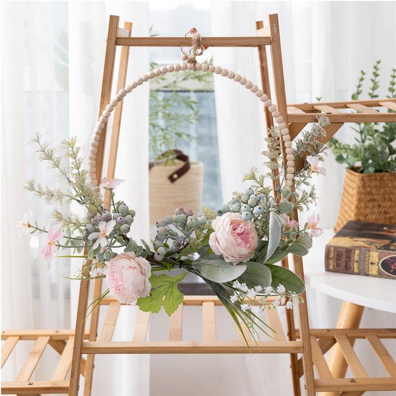KHOYIME Artificial Flower Wreath for Front Door Floral Hoop Wreath Decor with Wood Beads Pink Flowers Green Berries Leaves Spring Summer Home Decor Wall Window Wedding Party Hanging Decorations - Image 3