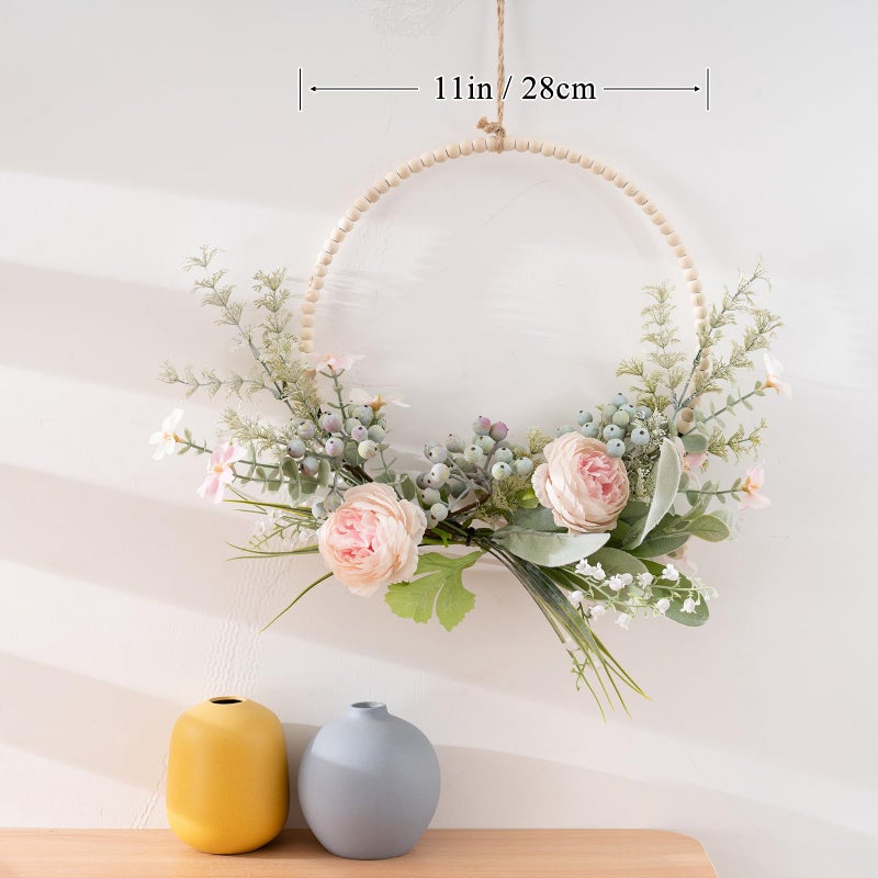 KHOYIME Artificial Flower Wreath for Front Door Floral Hoop Wreath Decor with Wood Beads Pink Flowers Green Berries Leaves Spring Summer Home Decor Wall Window Wedding Party Hanging Decorations - Image 2