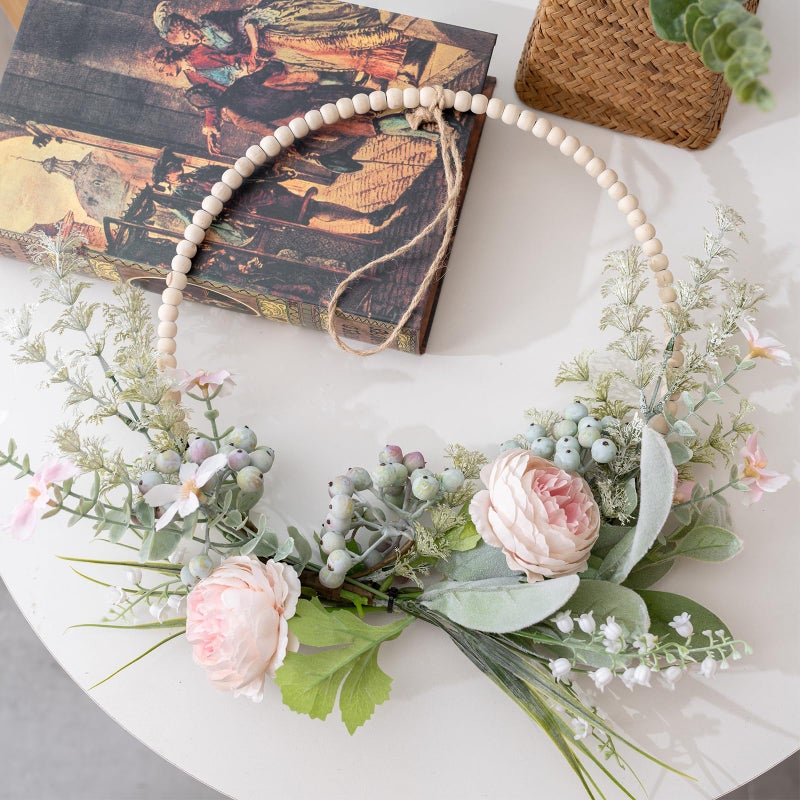 KHOYIME Artificial Flower Wreath for Front Door Floral Hoop Wreath Decor with Wood Beads Pink Flowers Green Berries Leaves Spring Summer Home Decor Wall Window Wedding Party Hanging Decorations - Image 5