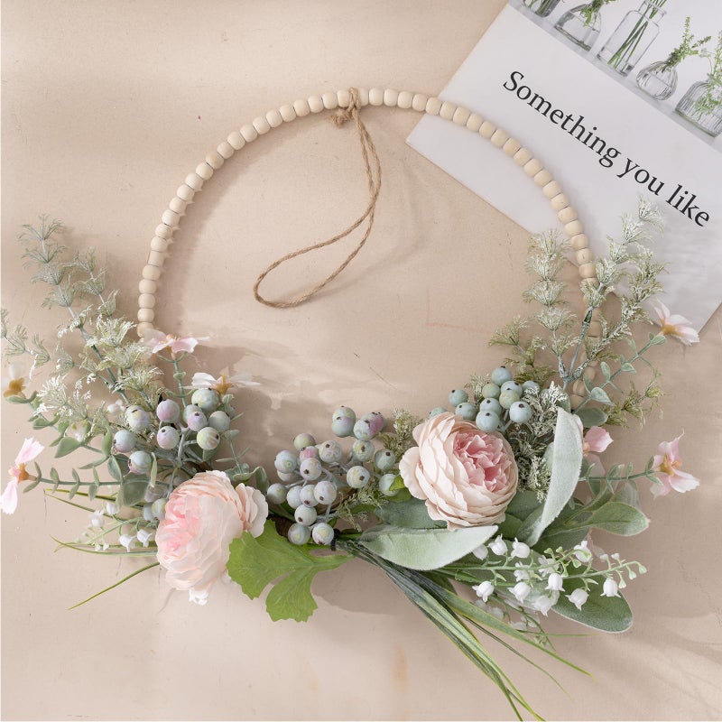 KHOYIME Artificial Flower Wreath for Front Door Floral Hoop Wreath Decor with Wood Beads Pink Flowers Green Berries Leaves Spring Summer Home Decor Wall Window Wedding Party Hanging Decorations - Image 1