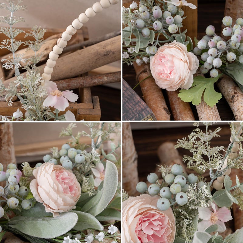 KHOYIME Artificial Flower Wreath for Front Door Floral Hoop Wreath Decor with Wood Beads Pink Flowers Green Berries Leaves Spring Summer Home Decor Wall Window Wedding Party Hanging Decorations - Image 4