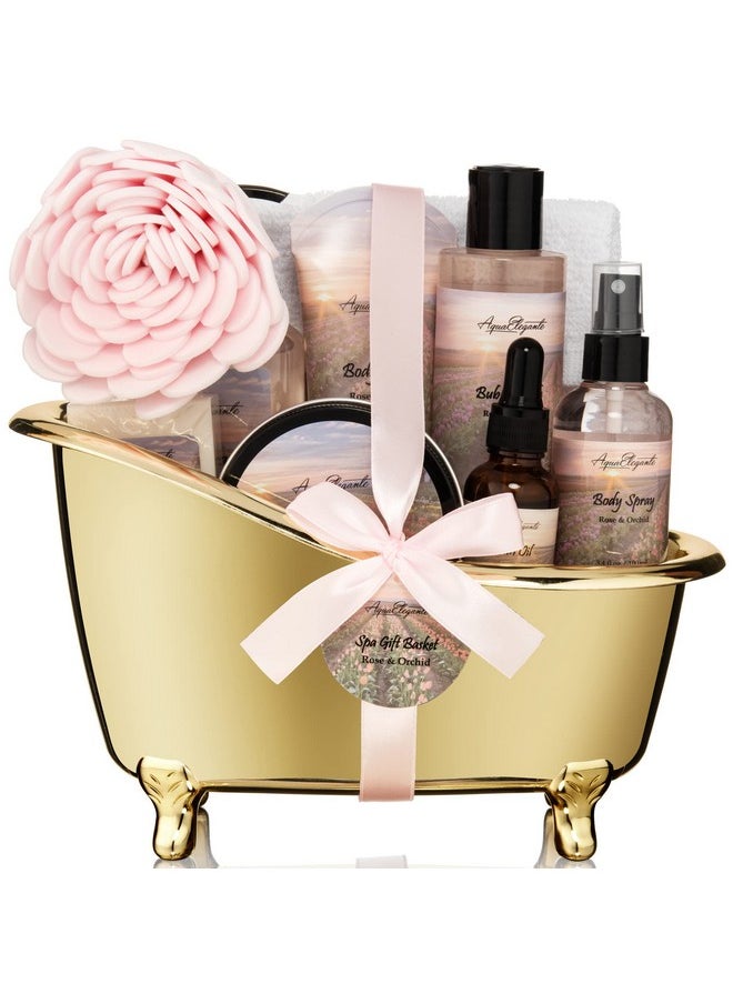 Aqua Elegante - Spa Gift Baskets For Women Luxury Bath Set With Rose Oil & Orchid Spa Kit Includes Body Wash Bubble Bath Lotion Body Butter Soap Body Spray Shower Puff And Towel - Image 1