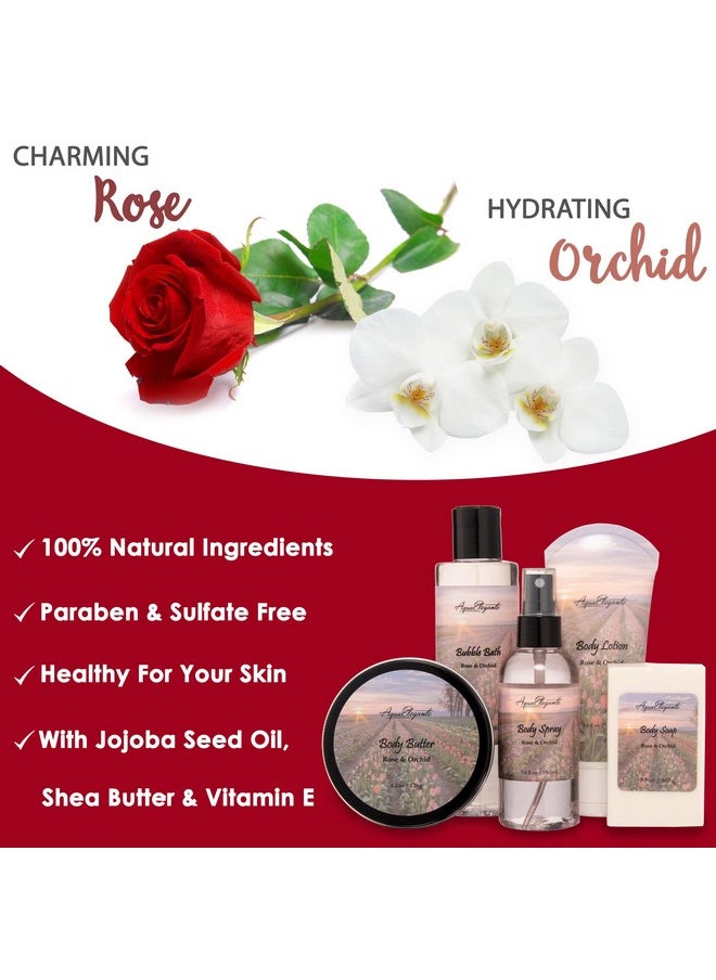 Aqua Elegante - Spa Gift Baskets For Women Luxury Bath Set With Rose Oil & Orchid Spa Kit Includes Body Wash Bubble Bath Lotion Body Butter Soap Body Spray Shower Puff And Towel - Image 1
