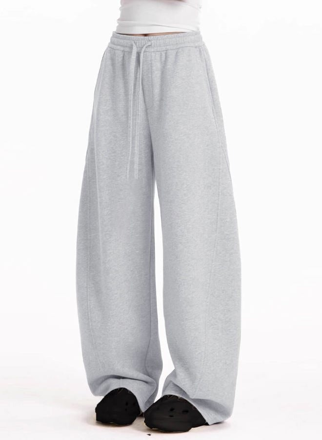 FACDIBY Womens Barrel Sweatpants Fleece Lined Wide Leg Sweat Pants Cotton Elastic Waisted Trousers with Pockets, Grey, XS - Image 3