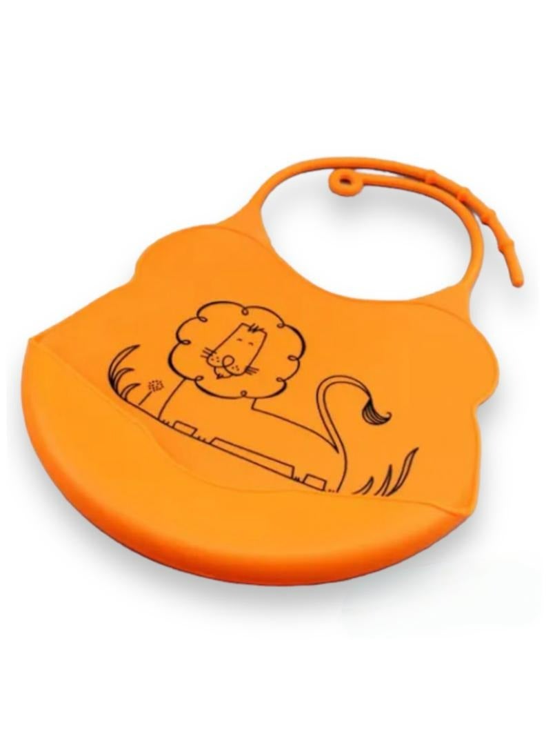 Silicon Waterproof Foldable Baby Drool Bib for Feeding Baby Boys/Girls (6-72 months) with Adjustable Neck & Food Catcher Pocket (Orange) - Image 1