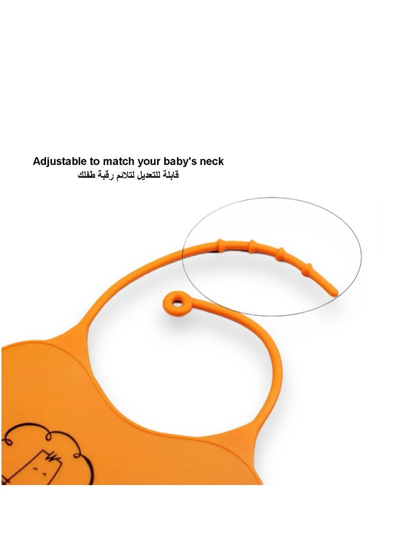 Silicon Waterproof Foldable Baby Drool Bib for Feeding Baby Boys/Girls (6-72 months) with Adjustable Neck & Food Catcher Pocket (Orange) - Image 2