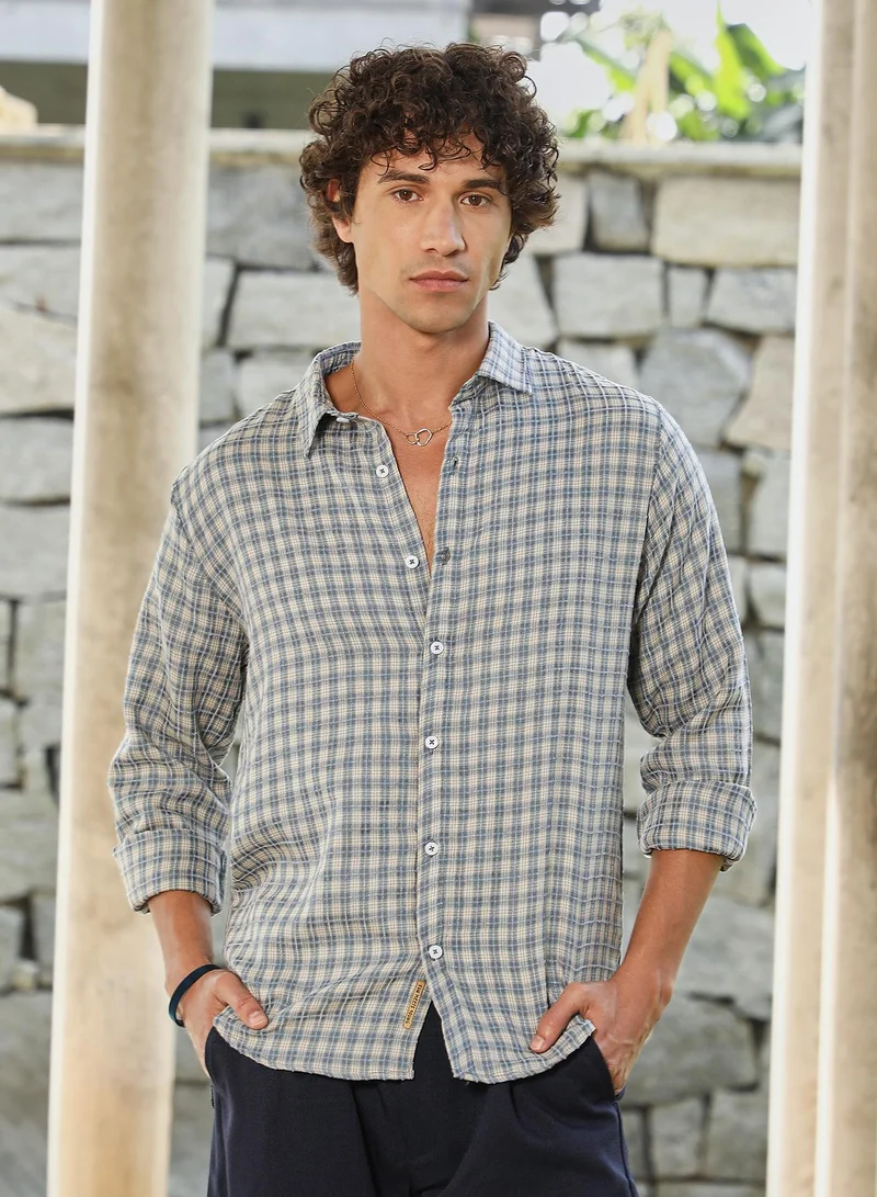 Campus Sutra Men's Icy Blue Bi-Check Shirt For Casual Wear | Spread Collar | Long Cuffed Sleeves | Button Closure | Shirt Crafted With Comfort Fit For Everyday Wear