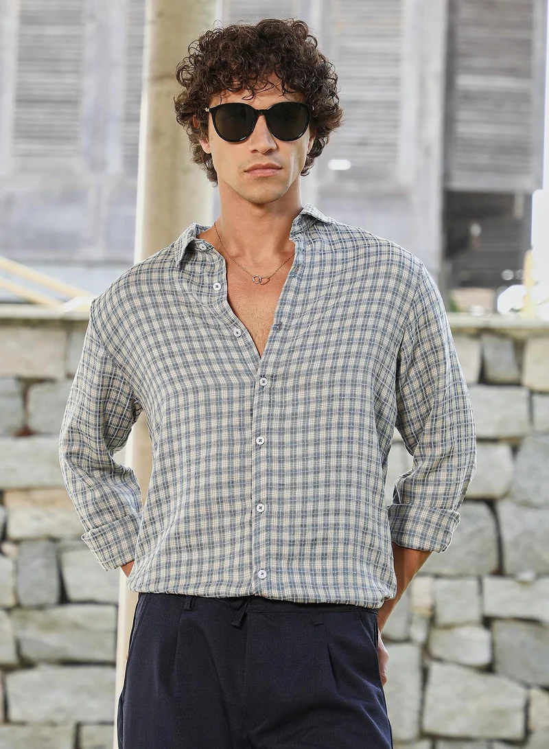 Campus Sutra Men's Icy Blue Bi-Check Shirt For Casual Wear | Spread Collar | Long Cuffed Sleeves | Button Closure | Shirt Crafted With Comfort Fit For Everyday Wear