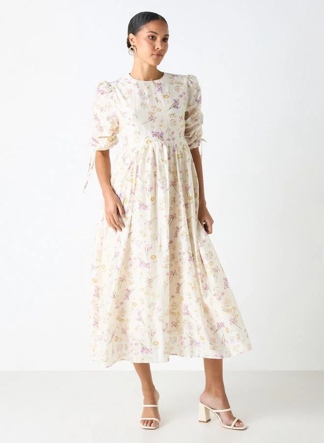 2Xtremz 2Xtremz Floral Print Midi Dress with Round Neck and Tie-Up Detail
