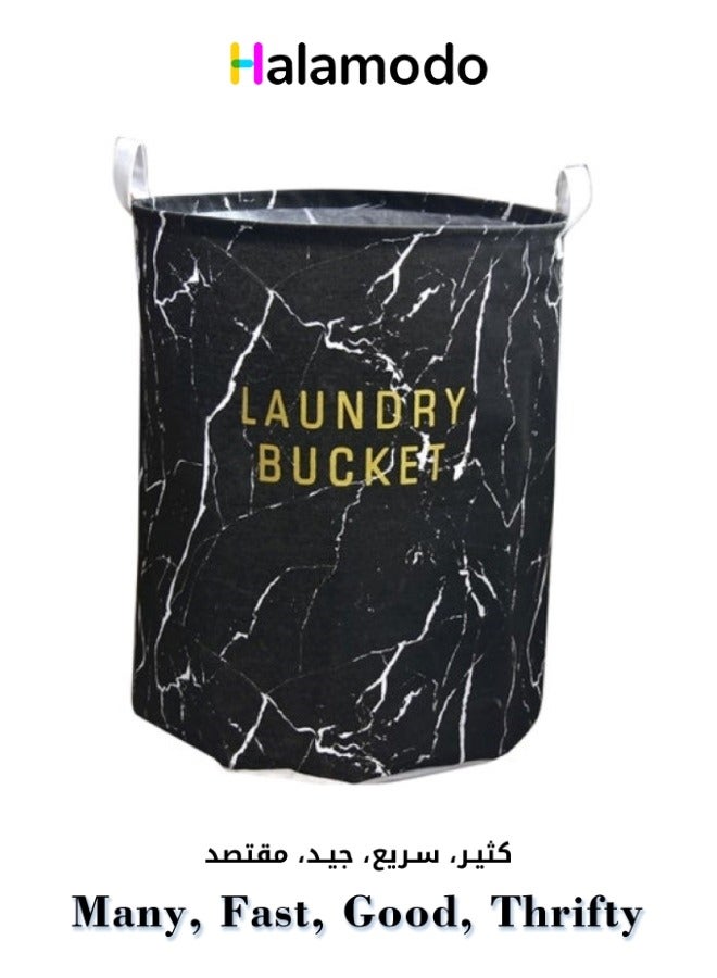 سلة تخزين الملابس باللون الأسود، سلة الملابس القذرة المطبوعة بالرخام، سلة تخزين قماش قابلة للطي، 40x40x46 سم - Image 1