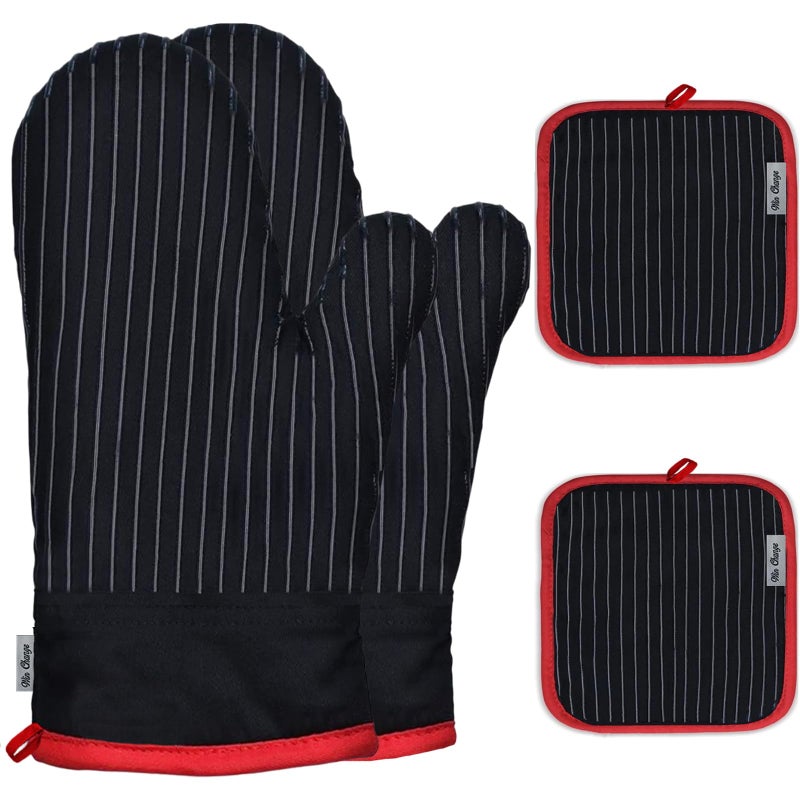 Win Change Oven Mitts and Pot Holders Sets,Oven Mitts and Potholders with Cotton High Heat Resistant Extra Thick Long Oven Mitts for Cooking 4 Pcs,Black Red - Image 1