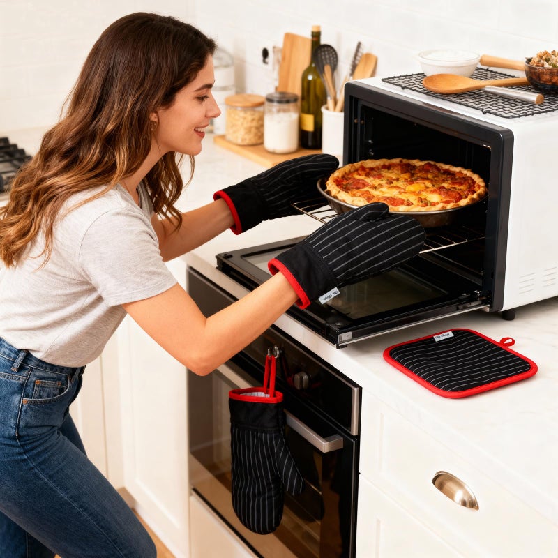 Win Change Oven Mitts and Pot Holders Sets,Oven Mitts and Potholders with Cotton High Heat Resistant Extra Thick Long Oven Mitts for Cooking 4 Pcs,Black Red - Image 5