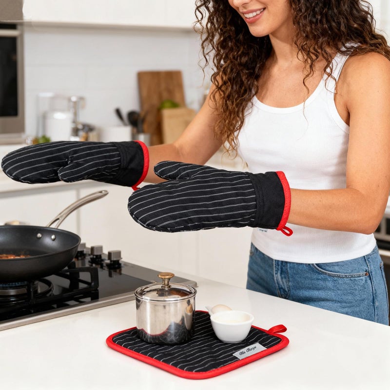 Win Change Oven Mitts and Pot Holders Sets,Oven Mitts and Potholders with Cotton High Heat Resistant Extra Thick Long Oven Mitts for Cooking 4 Pcs,Black Red - Image 2