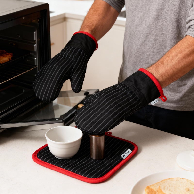 Win Change Oven Mitts and Pot Holders Sets,Oven Mitts and Potholders with Cotton High Heat Resistant Extra Thick Long Oven Mitts for Cooking 4 Pcs,Black Red - Image 4