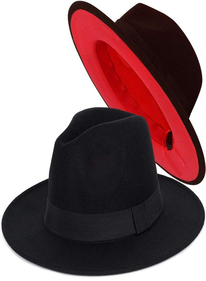 FADACHY Trendy Fedora Hat Wide Brim Panama hat Dress Felt Hat Red Bottom Two Tone, Black L Large XL - Image 1