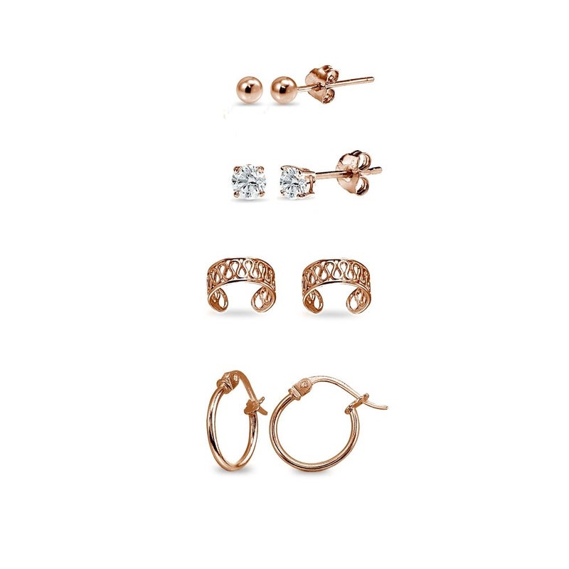 Hoops 4 Less 4 Pr Rose Gold Flash Sterling Silver Filigree Ear Cuffs, 12mm Tiny Hoops, 3mm Round Ball & CZ Stud Earrings Set - Image 1