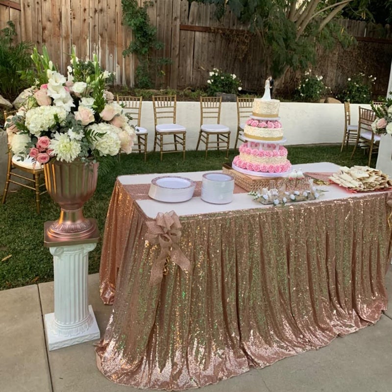 Poise3EHome Poise3EHome Spakly Draped 9ft wide x 30 inches drop Rose Gold Table Skirt for Birthday Party Baby Shower Dessert Table Wedding Cake Table Exhibition Reception  - Image 3