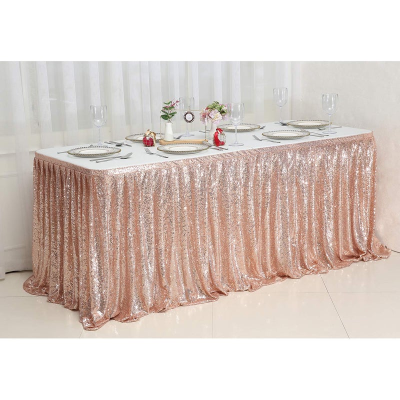 Poise3EHome Poise3EHome Spakly Draped 9ft wide x 30 inches drop Rose Gold Table Skirt for Birthday Party Baby Shower Dessert Table Wedding Cake Table Exhibition Reception  - Image 1