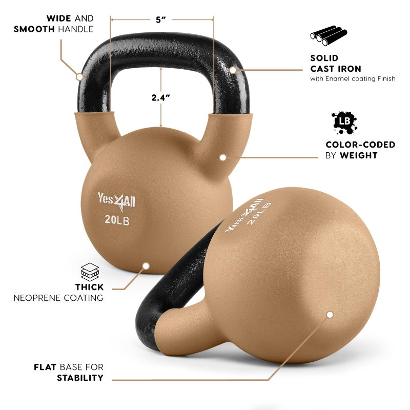 Yes4All Kettlebell, 20 LB Neoprene Coated Cast Iron Kettlebells, Wide Grip Handle & Flat Bottom for Swings, Squats, Deadlifts, Push Ups & Full Body Training at Home Gym - Image 3
