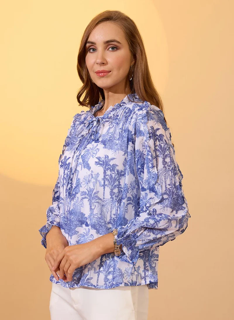 globus Globus Women Blue Frilled Tie-Up Neck Bishop Sleeves Tropical Print Ruffle Detail Top