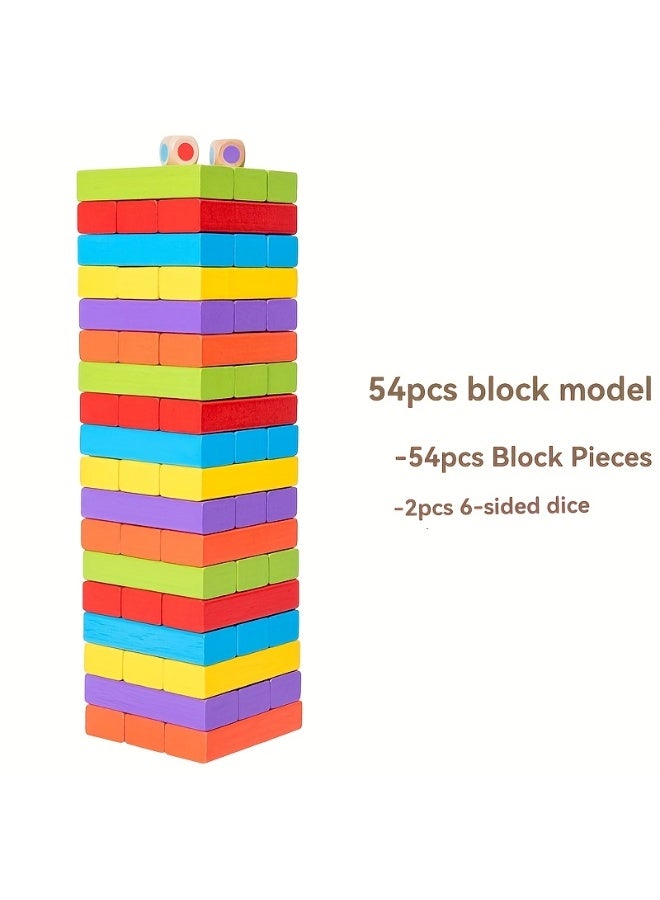 Capstro 54 Piece Colorful Wooden Stacking Blocks Tower Game Rainbow Balance Block Set with Dice | Family Party Stacking Board Game for Kids & Adults, Hand-Eye Coordination Skill Toy – Colorful Stacking Blocks - Image 2