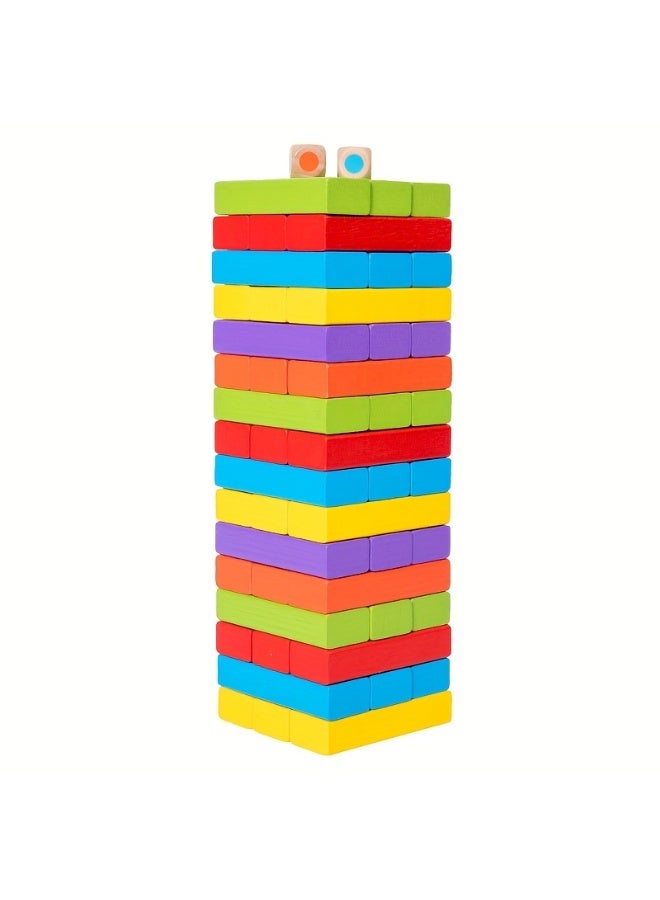 Capstro 54 Piece Colorful Wooden Stacking Blocks Tower Game Rainbow Balance Block Set with Dice | Family Party Stacking Board Game for Kids & Adults, Hand-Eye Coordination Skill Toy – Colorful Stacking Blocks - Image 1