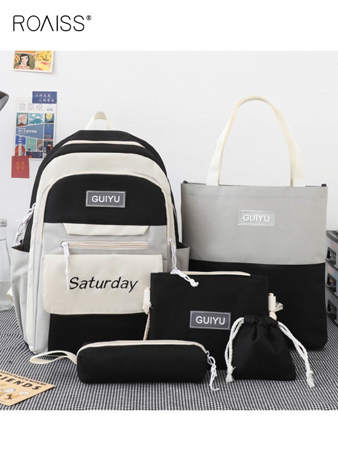 roaiss 5Pcs Letter Graphic Colorblock Kawaii  Backpack Set Cute Clear Large Capacity Backpack Preppy Shoulder Totes Pencil Case for Girls Boys Middle School Students (Black/Grey) - Image 1