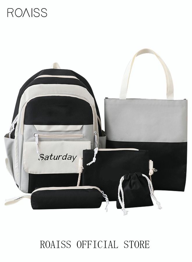 roaiss 5Pcs Letter Graphic Colorblock Kawaii  Backpack Set Cute Clear Large Capacity Backpack Preppy Shoulder Totes Pencil Case for Girls Boys Middle School Students (Black/Grey)  - Image 1
