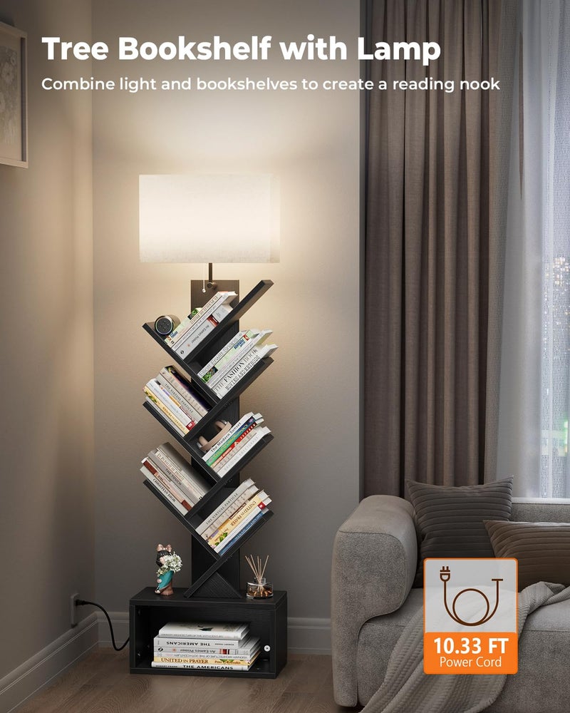 Evermagin 6 Tier Tree Bookshelf with Light, Narrow Bookcase Tower, Tall Floor Standing Book Shelf Organizer with Storage Cabinet for Living Room, Bedroom and Home Office, Black - Image 2