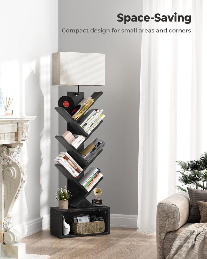 Evermagin 6 Tier Tree Bookshelf with Light, Narrow Bookcase Tower, Tall Floor Standing Book Shelf Organizer with Storage Cabinet for Living Room, Bedroom and Home Office, Black - Image 5