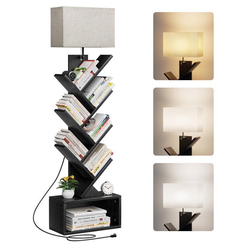 Evermagin 6 Tier Tree Bookshelf with Light, Narrow Bookcase Tower, Tall Floor Standing Book Shelf Organizer with Storage Cabinet for Living Room, Bedroom and Home Office, Black - Image 1